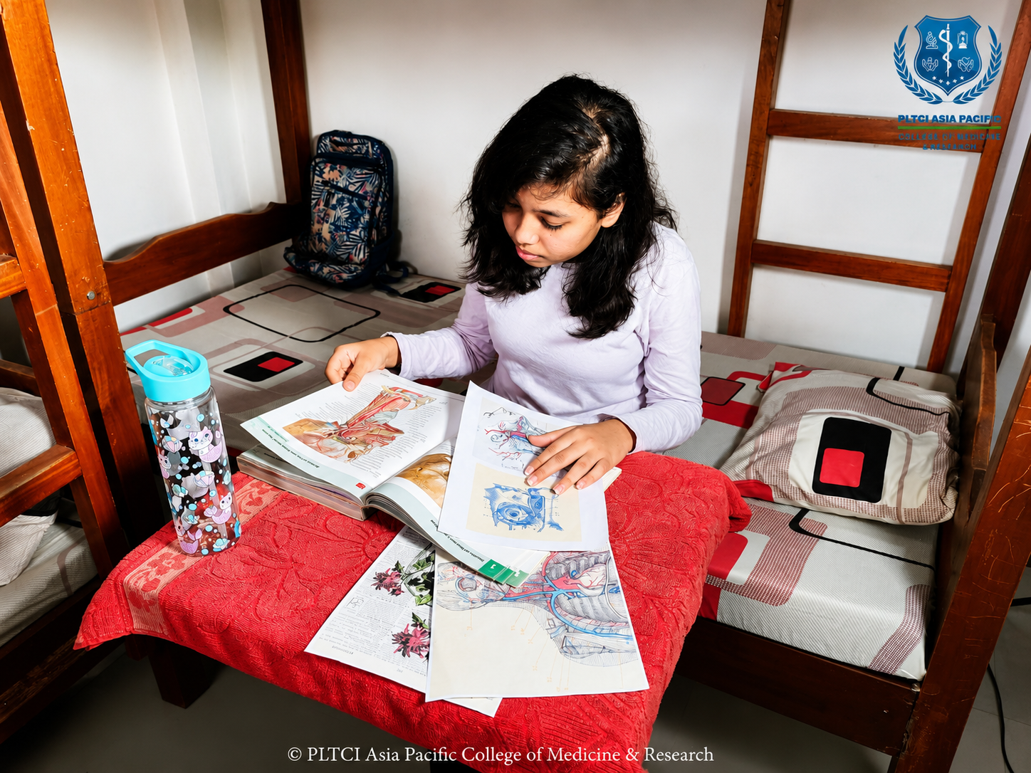 Female student in a modern air-conditioned double hostel bedroom